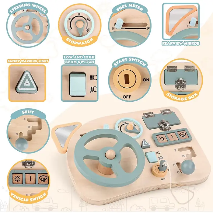 Volant jouet Montessori, planche occupée en bois, jouets sensoriels en bois pour les tout-petits, activités d'apprentissage de voyage préscolaire