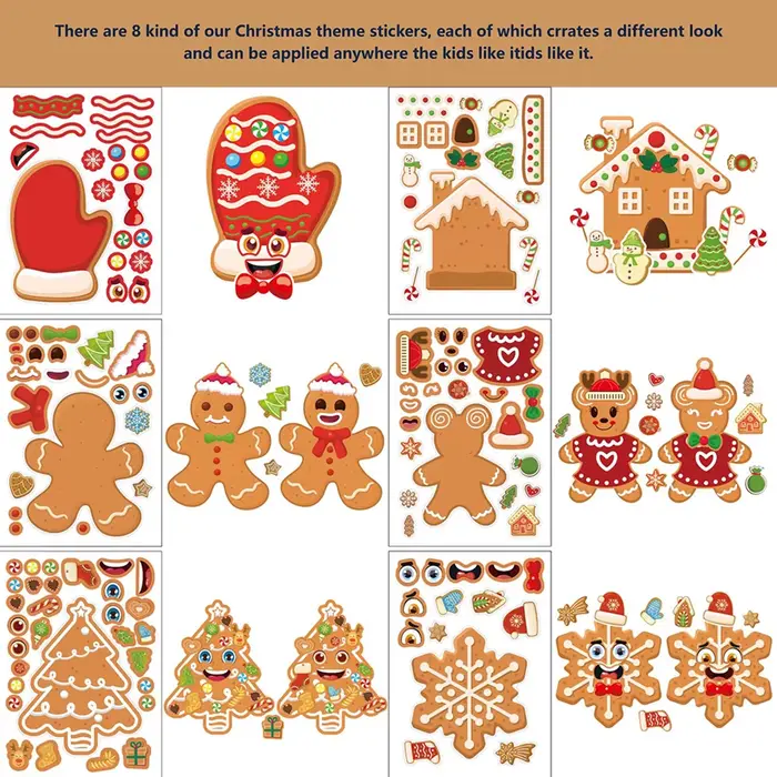 Autocollants de puzzle de Noël mignons pour enfants visage bonhomme en pain d'épice flocon de neige décoration de fête puzzle bricolage 6 feuilles 12 feuilles occasion spéciale