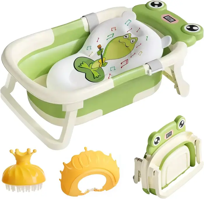 Baignoire pliable pour bébé de 0 à 36 mois, avec coussin de bain, avec thermomètre, bonnet de douche