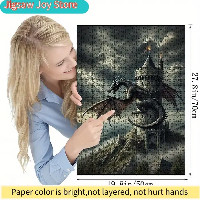 Un puzzle avec un château de dragon sur le thème médiéval, comprenant un dragon et une tour. Ce puzzle grand format et très détaillé est