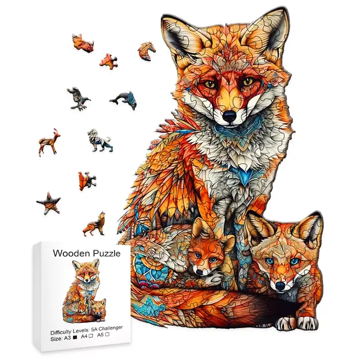 Puzzle en bois de famille de renard chaud, variété créative de formes spéciales, cadeaux créatifs po