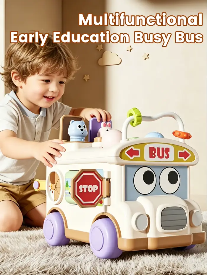 Jouet d'activités multifonctionnel Montessori en forme de bus, planche d'activités STEM pour l'apprentissage précoce, jouet de tri et trotteur à pousser pour tout-petits de 1 à 3 ans, cadeau