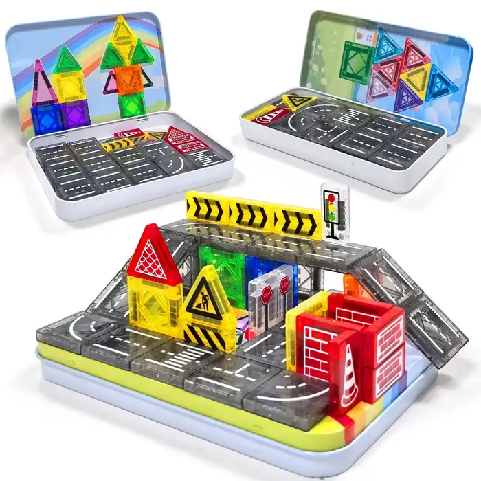 Ensemble de Construction de Route Magnétique Jouets Educatifs Pour Enfants Blocs Magnétiques Boîte en Fer Occasions Spéciales