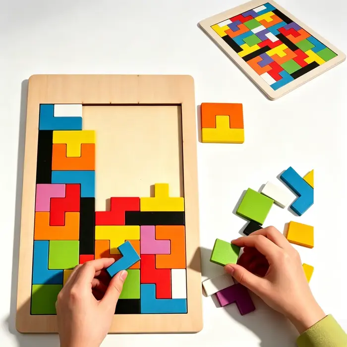 Puzzle en blocs de Tetris en bois naturel, tactile, pour l'entraînement logique, anti-stress, décoration de bureau, loisirs, cadeau de vacances