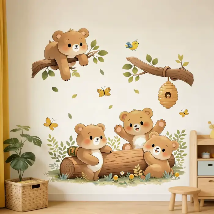 Autocollants muraux autocollants à motif de forêt et d'ours coquins pour porte coulissante, décorati