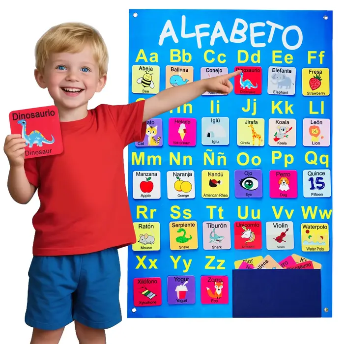 Tableau en feutre d'apprentissage Montessori avec 26 lettres et 53 cartes d'apprentissage bilingues,