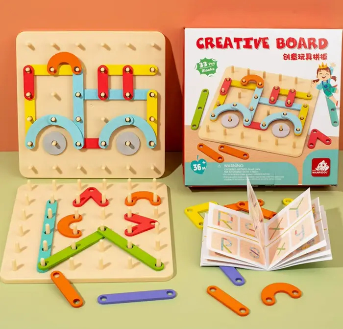 Jouets en bois pour enfants : Planche à clous créative, ensemble de colonnes géométriques, puzzle de