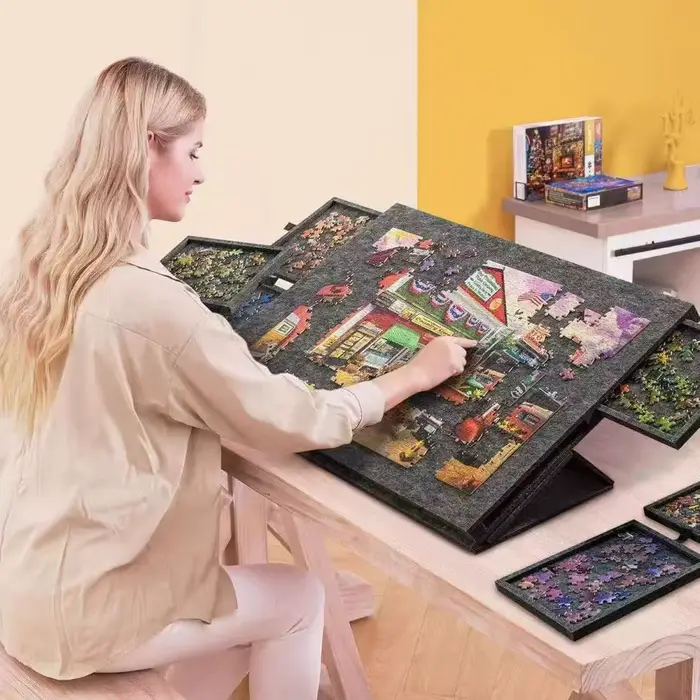 Ensemble de planches à puzzle inclinables 6 en 1 avec support et couvercle 2-en-1 pour adultes table à puzzle portable jusqu’à 1000 pièces occasions spéciales cadeau unique matériaux organiques gris foncé clair