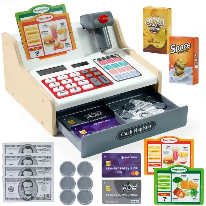Caisse enregistreuse en bois pour jeu de simulation : véritable calculatrice incluse