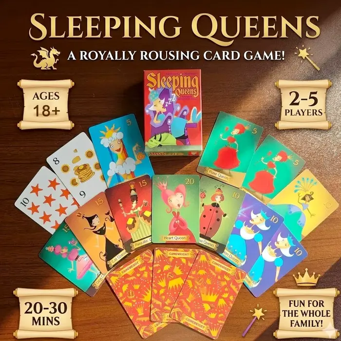 Jeu de cartes The Sleeping Queens version anglaise jeu de stratégie familial pour adultes et adolescents soirées en famille fêtes voyages cadeaux d'anniversaire et de Noël