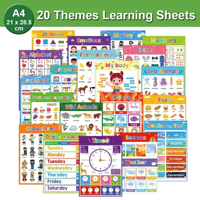 Affiches éducatives pour enfants d'âge préscolaire, mots anglais, tableaux d'apprentissage, outils p