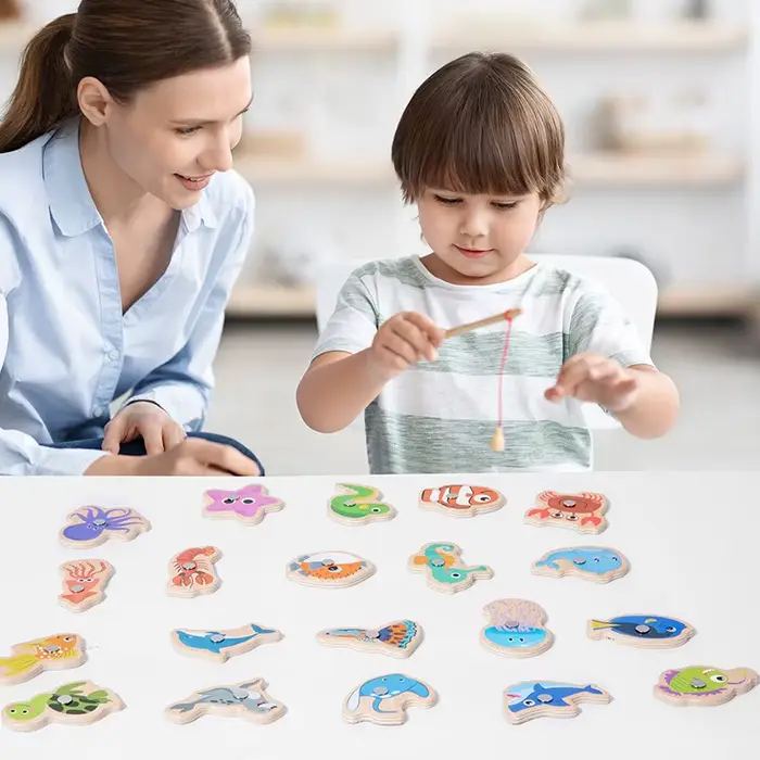Jouets de pêche magnétiques en bois Montessori pour enfants, jeux de poissons cognitifs, vie marine interactive parent-enfant, durables et éducatifs pour les occasions spéciales