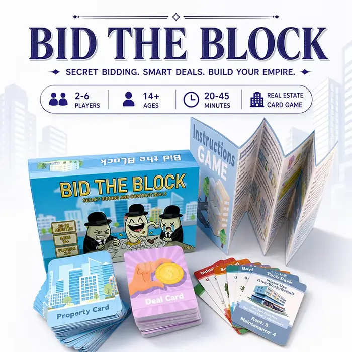 Jeu de cartes Bid the Block Real Estate pour 2 à 6 joueurs enchères secrètes cartes immobilières correspondance de contrats offres combinées jeux de société pour adolescents et adultes occasions familiales et amicales