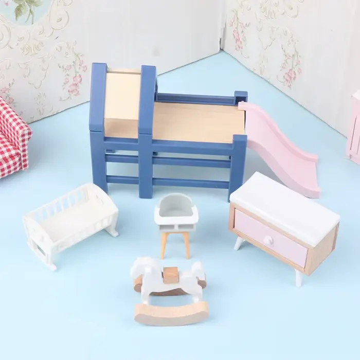 1/12 maison de poupée bébé chambre meubles accessoires toboggan/Cheval de Troie/Table/chaise de salle à manger/lit pour enfants semblant jouer jouet
