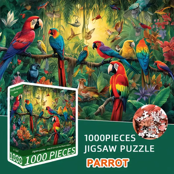 Puzzle familial de perroquets vibrants 70x50cm 1000 pièces pour adultes puzzle stimulant avec dos lettres pour occuper des moments créatifs et familiaux