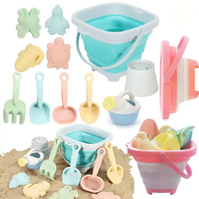 Ensemble de jouets de plage pour enfants, seau et pelles pliables en silicone avec moules à sable, essentiels de plage pour les jeux en plein air en été