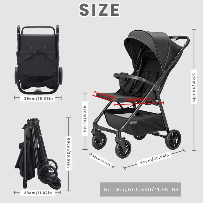 Poussette bébé pour tout-petits avec siège inclinable, poussette Ultra compacte avec grand panier de