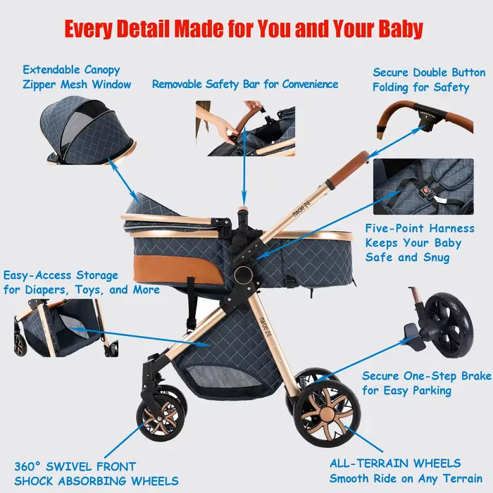 Poussette bébé 3 en 1 portable, landau et poussette de ville avec tissu respirant et mode de couchag