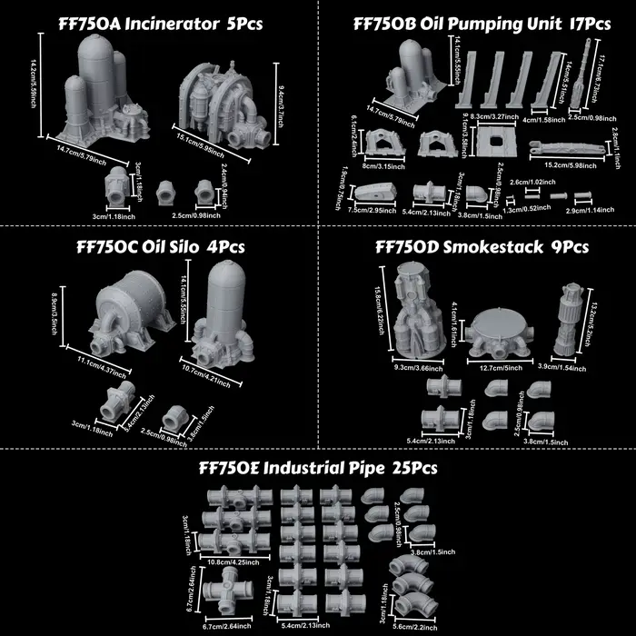 Ensemble de terrains industriels de science-fiction pour jeux de rôle structures miniatures modulaires construction usines futuristes mondes extraterrestriels zones technologiques adolescents adultes passionnés création imagination