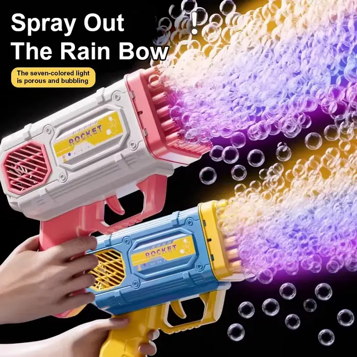 Pistolet à bulles KNYYSECQ à 42 trous pour enfants de 3 à 6 ans activités de plein air et fêtes d'anniversaire en bleu ou rose