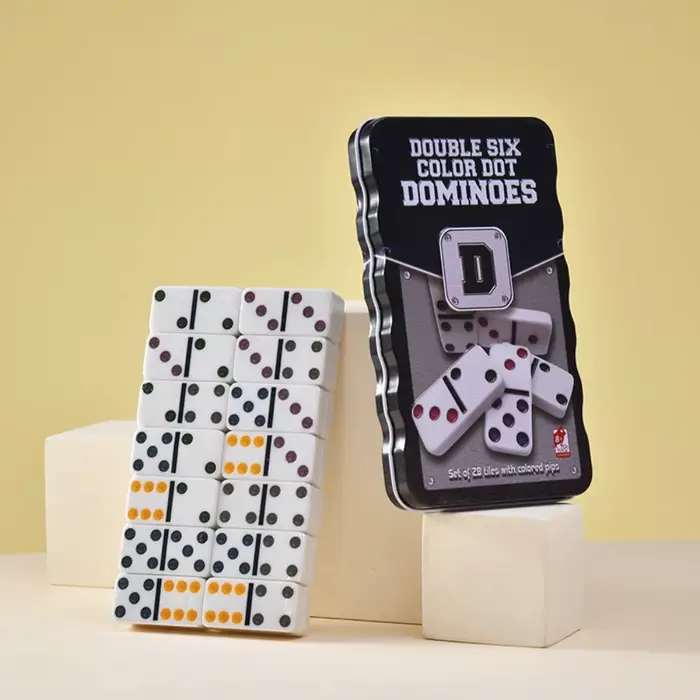 Dominos Double Six, jeu de dominos avec 28 tuiles à points colorés, boîte en métal, jeux de société 