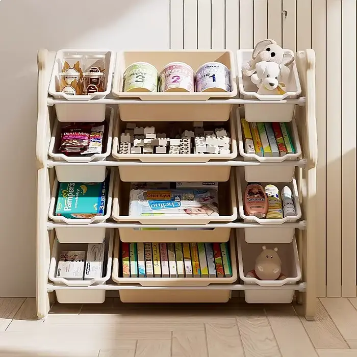 Organiseur de jouets pour enfants sur pied, armoire de rangement multi-niveaux avec étiquettes pour jouets et livres pour bébés