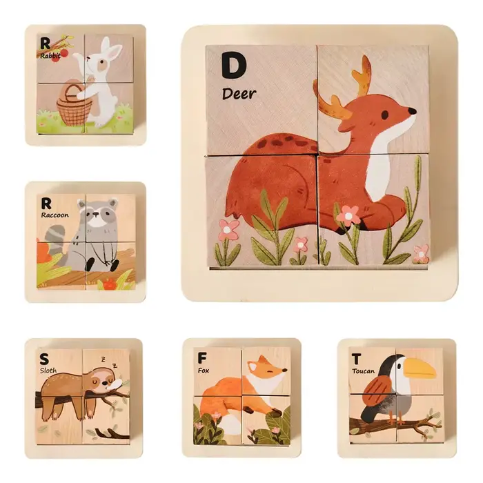 Blocs en bois éducatifs pour bébé, cubes de puzzle six faces, jeu d'apprentissage précoce, cadeau pour enfant, thèmes animaux et nature, sports, professions