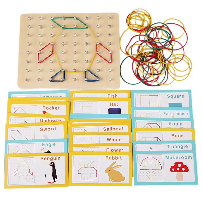 Jouets Montessori en bois - Géobord pour enfants de 4, 5 et 6 ans avec cartes de motifs et élastique