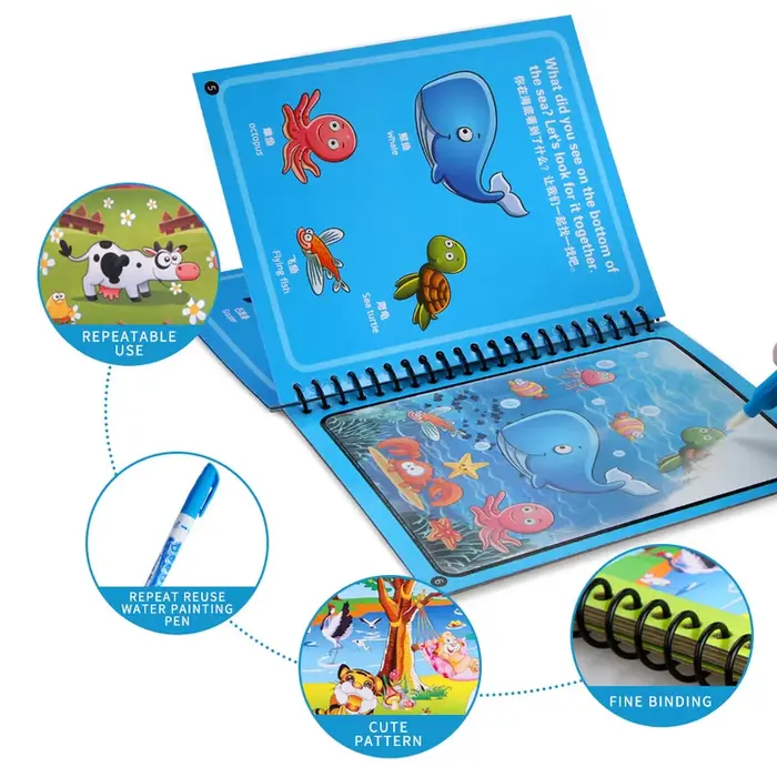 Livre magique de dessin à l'eau pour enfants planche à dessin réutilisable carnet d'apprentissage de la peinture et coloriage occasions spéciales noël anniversaire et éducation sensorielle