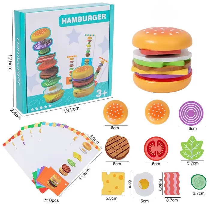 Jouets en bois Montessori pour empiler des hamburgers, pour enfants et tout-petits, ensemble de nour