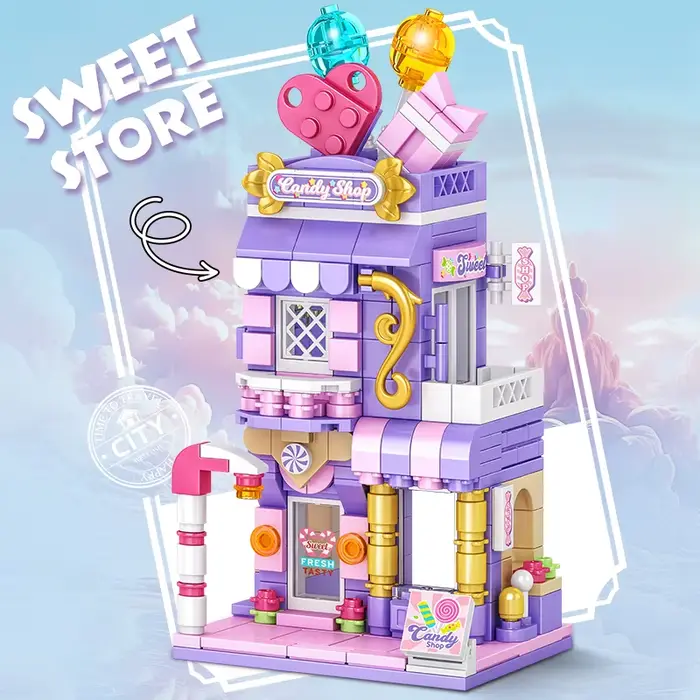 Blocs de construction de ville, boutique de bonbons, maison en pain d'épice, ensemble de modèles, dé