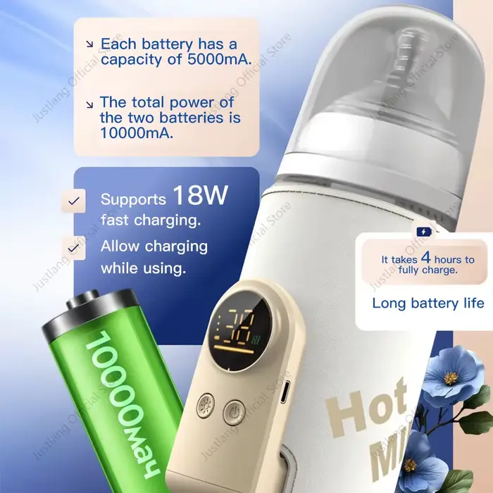 JUSTLANG 10000mAh chauffe-biberon 5 niveaux de chaleur multifonction chauffe-lait maternel contrôle 