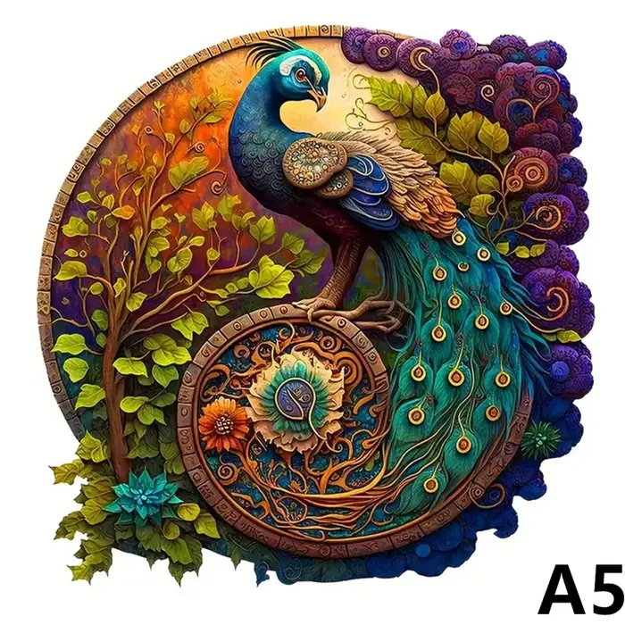Puzzle rond animal en bois pour adulte, paon et oiseau, jouet en forme de renard, cadeau de festival