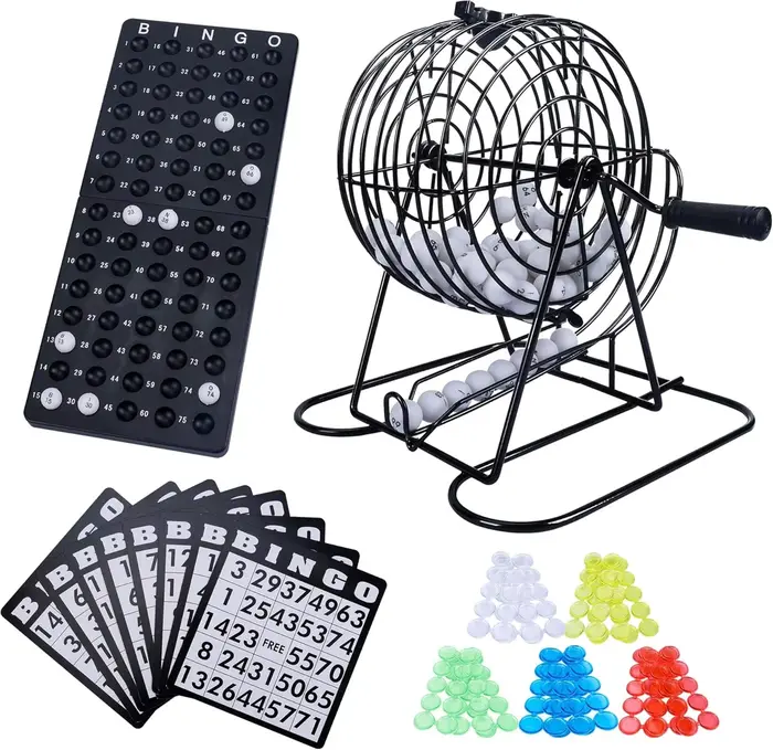 Ensemble de jeu de bingo pour adultes et enfants – Cage à roue en métal de 8 pouces incluse, 75 ball