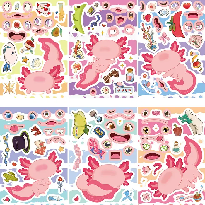 8/16/24 pièces Axolotl Puzzle autocollants faciles à poser pour fête d'anniversaire décor bagages vélo Scooter guitare Scrapbook bouteille d'eau décalcomanie