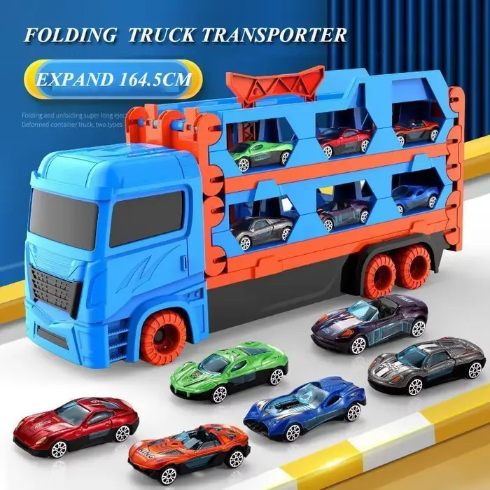 Camion transporteur de voitures grand format avec piste pliable, véhicule de course, jeux de compétition pour enfants, rangement, voiture en alliage, jouet pour garçon, cadeau original pour enfants