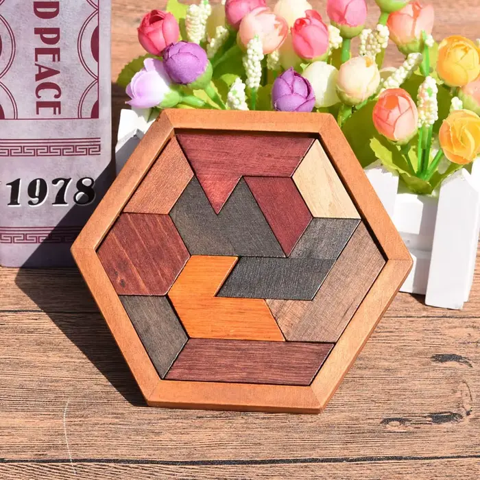 Puzzle Tangram hexagonal classique, casse Tete Rompecabezas De Madera pour enfants, jeux De réflexio