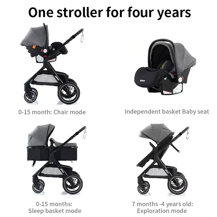 Poussette 3 en 1 pour bébé avec siège auto et panier de couchage, poussette légère pour nourrissons,
