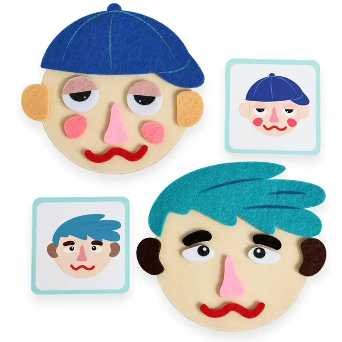 Puzzle changeant d'expressions faciales avec visage en bois et accessoires en tissu feutré