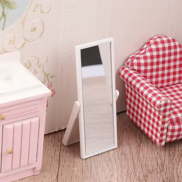 Maison de poupée miniature 1:12 avec simulation de miroir pleine longueur et accessoires de meubles pour décoration de maison pour jouer et créer des histoires fantastiques