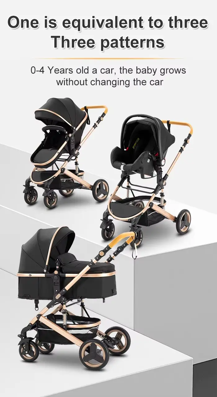 Poussette multifonction 3 en 1 avec siège auto et panier de couchage, poussette compacte pliable, po
