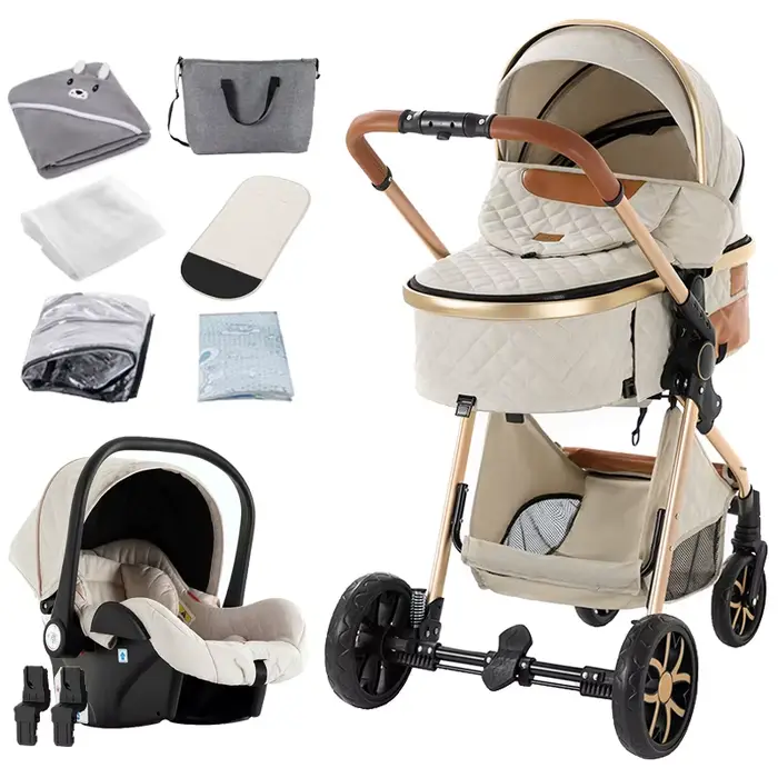 Poussette bébé 3 en 1, landau et poussette avec siège réversible, roues absorbant les chocs et grand