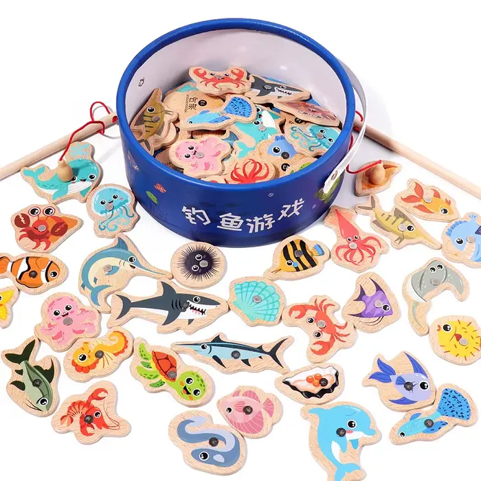 Jouets de pêche magnétique en bois pour enfants, jeux de poissons cognitifs de la vie marine, jouet interactif éducatif parent-enfant, cadeau pour occassions spéciales