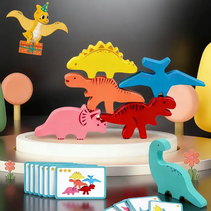 Jeu d'empilement de dinosaures en bois pour enfants âgés de 3 à 6 ans et plus, stimule l'équilibre, la coordination et l'imagination, cadeau idéal pour anniversaire ou Noël