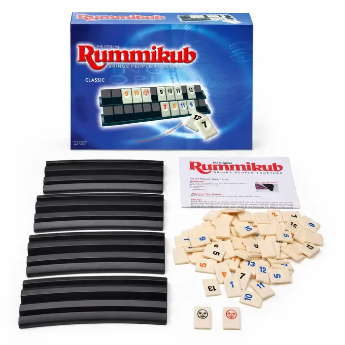 Jeu de société de stratégie Rummikub classique avec tuiles numérotées et supports noirs, version ang