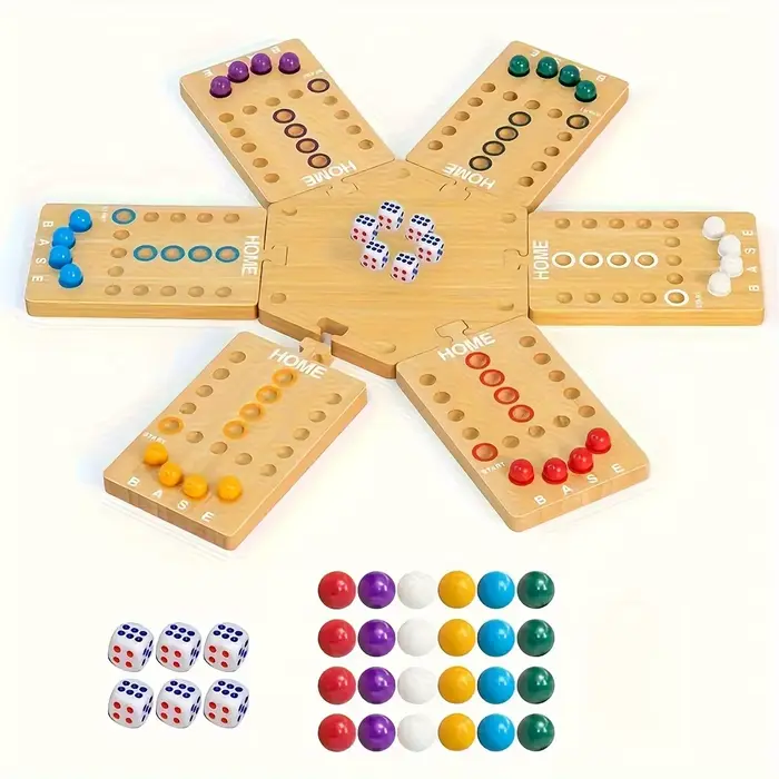 Jeu de société en bois avec perles de verre et dés (style aléatoire) — Un jeu de stratégie portable pour 2 à 6 joueurs