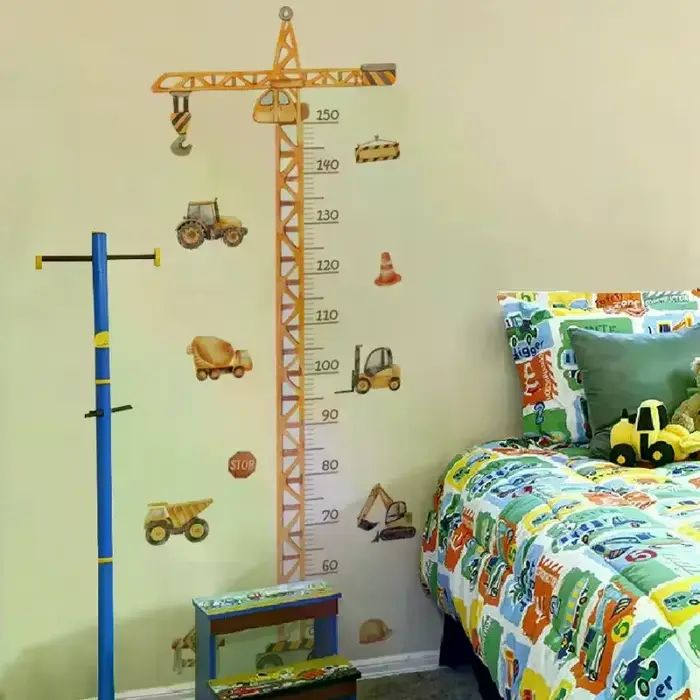 Autocollant mural de croissance pour enfants, motif grue de chantier, mesure de hauteur, vinyle auto