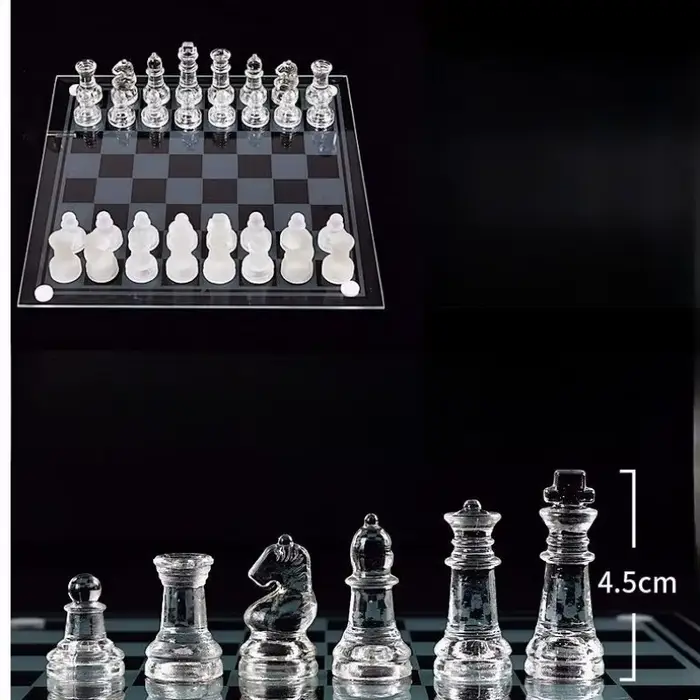 Jeu d'échecs et de dames en verre, pièces élégantes blanches et givrées de 7,5 pouces