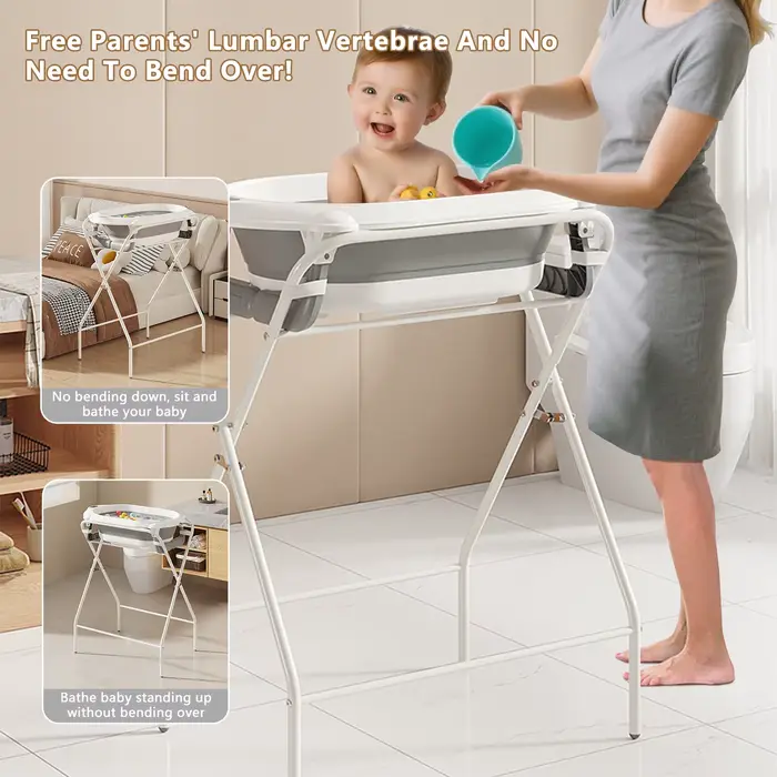 Baignoire bébé 3 en 1 avec support, baignoire pliable pour bébé de la naissance à la petite enfance 