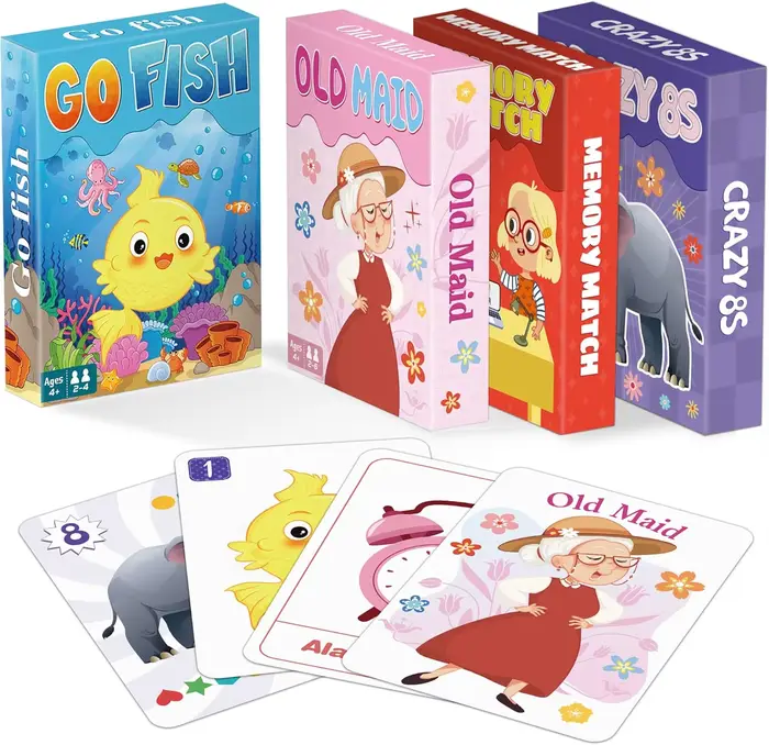 Jeux de cartes Go Fish Old Maid Memory Match Crazy 8s pour enfants thème animaux nature transport fantasy science fiction occasions spéciales famille amis